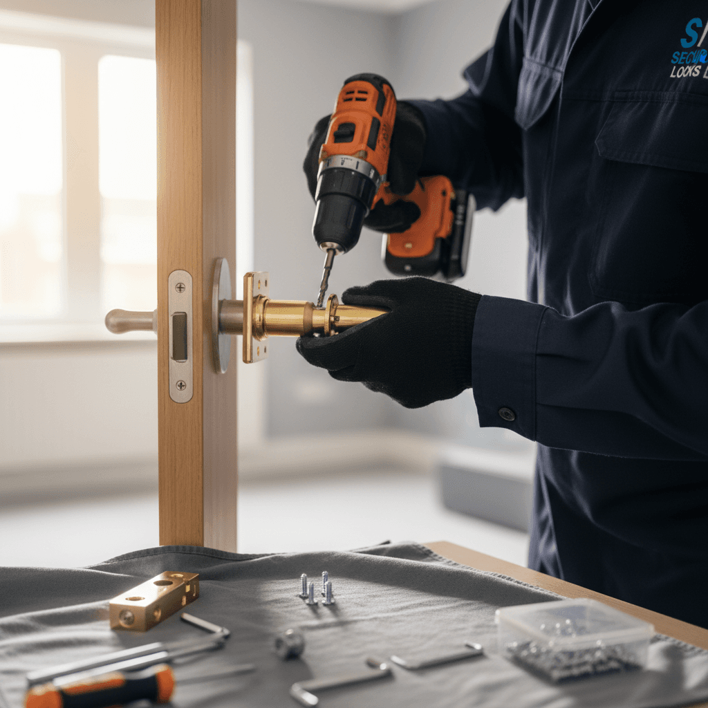 Serrurier professionnel effectuant une installation de serrure